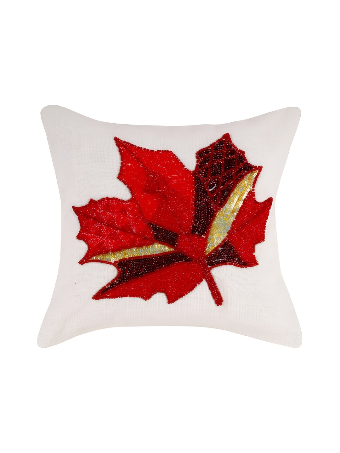 

Aditya Impex White & Red Floral Embroidered Silk Square Cushion Cover