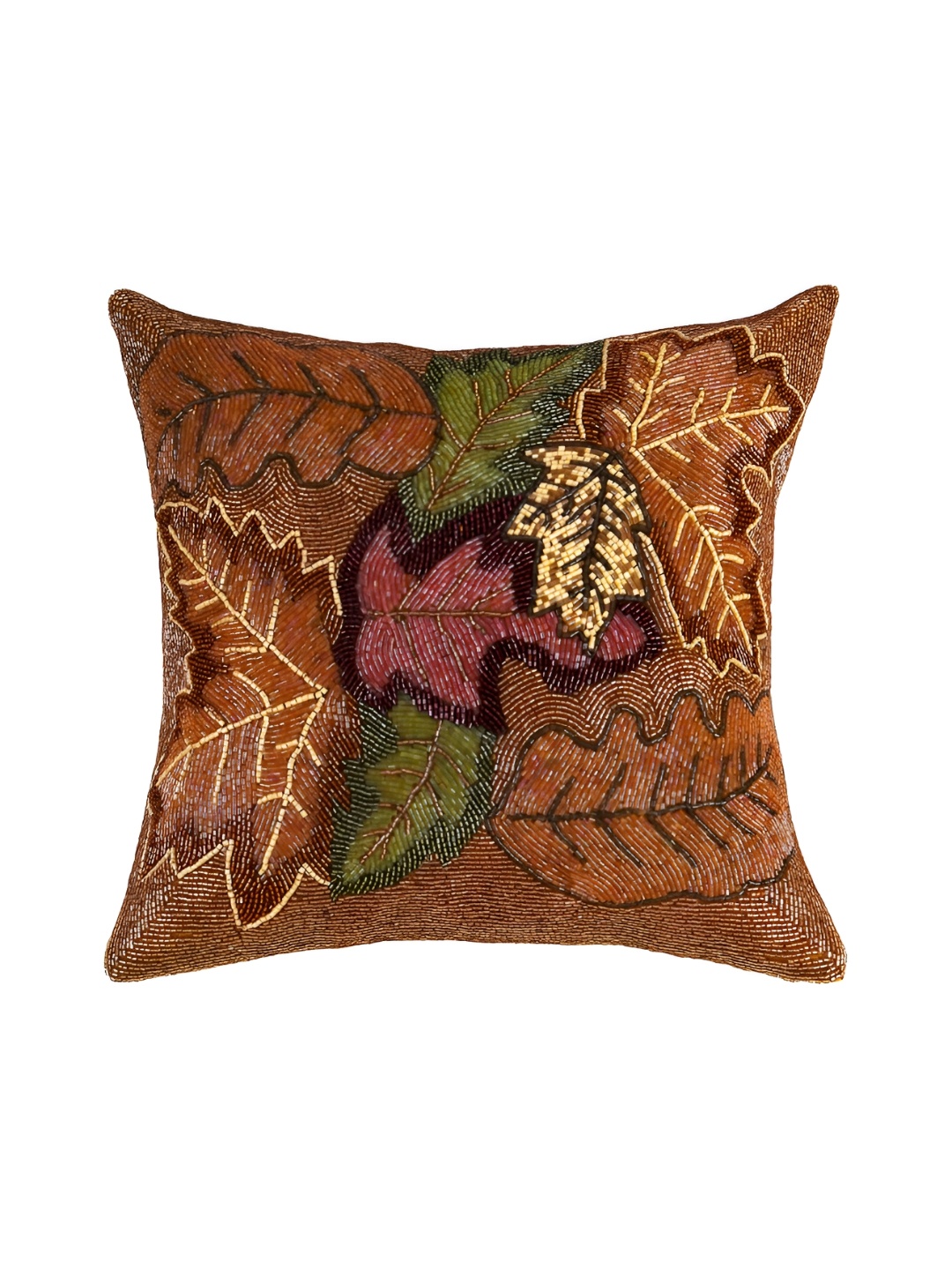 

Aditya Impex Brown & Green Floral Embellished Silk Square Cushion Cover