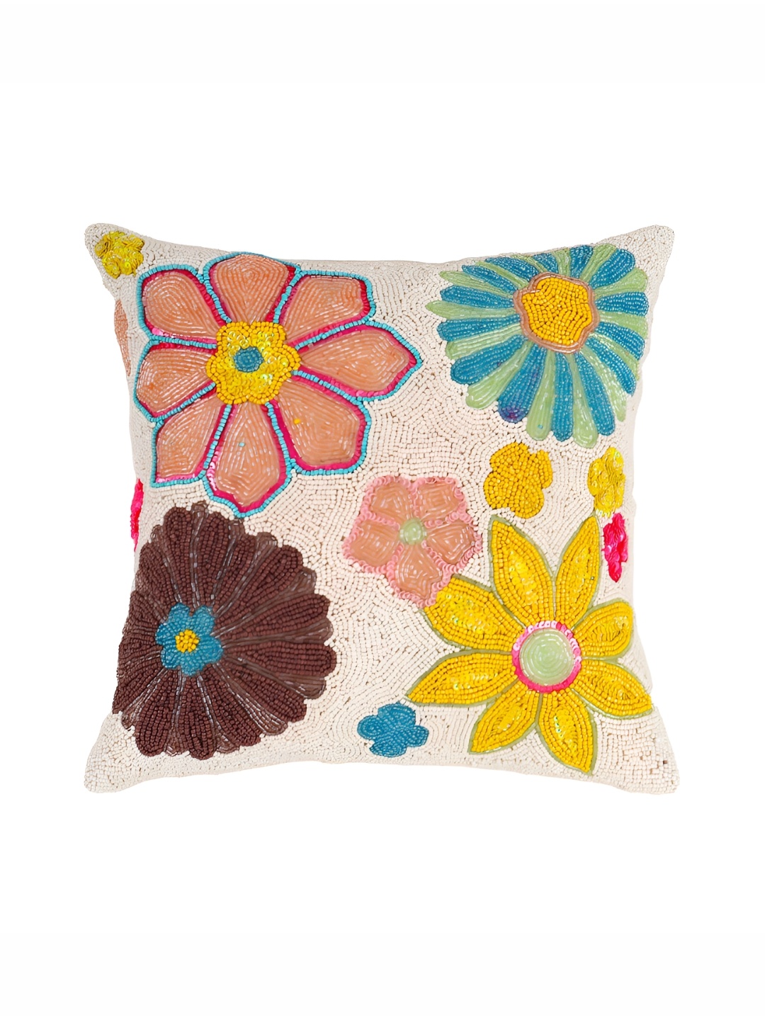 

Aditya Impex White & Yellow Floral Embellished Silk Square Cushion Cover