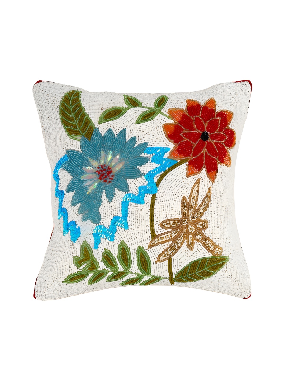 

Aditya Impex White & Blue Floral Embroidered Silk Square Cushion Cover