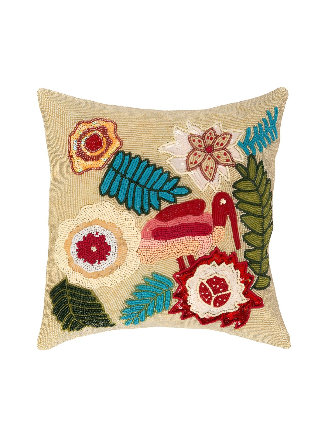 

Aditya Impex Off White & Blue Floral Embellished Silk Square Cushion Cover