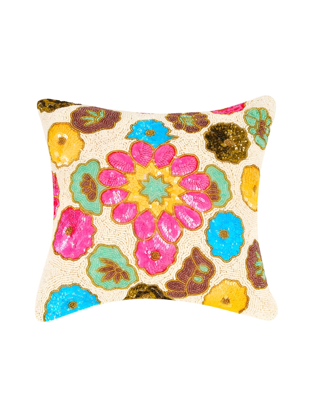 

Aditya Impex White & Pink Floral Embellished Silk Square Cushion Cover