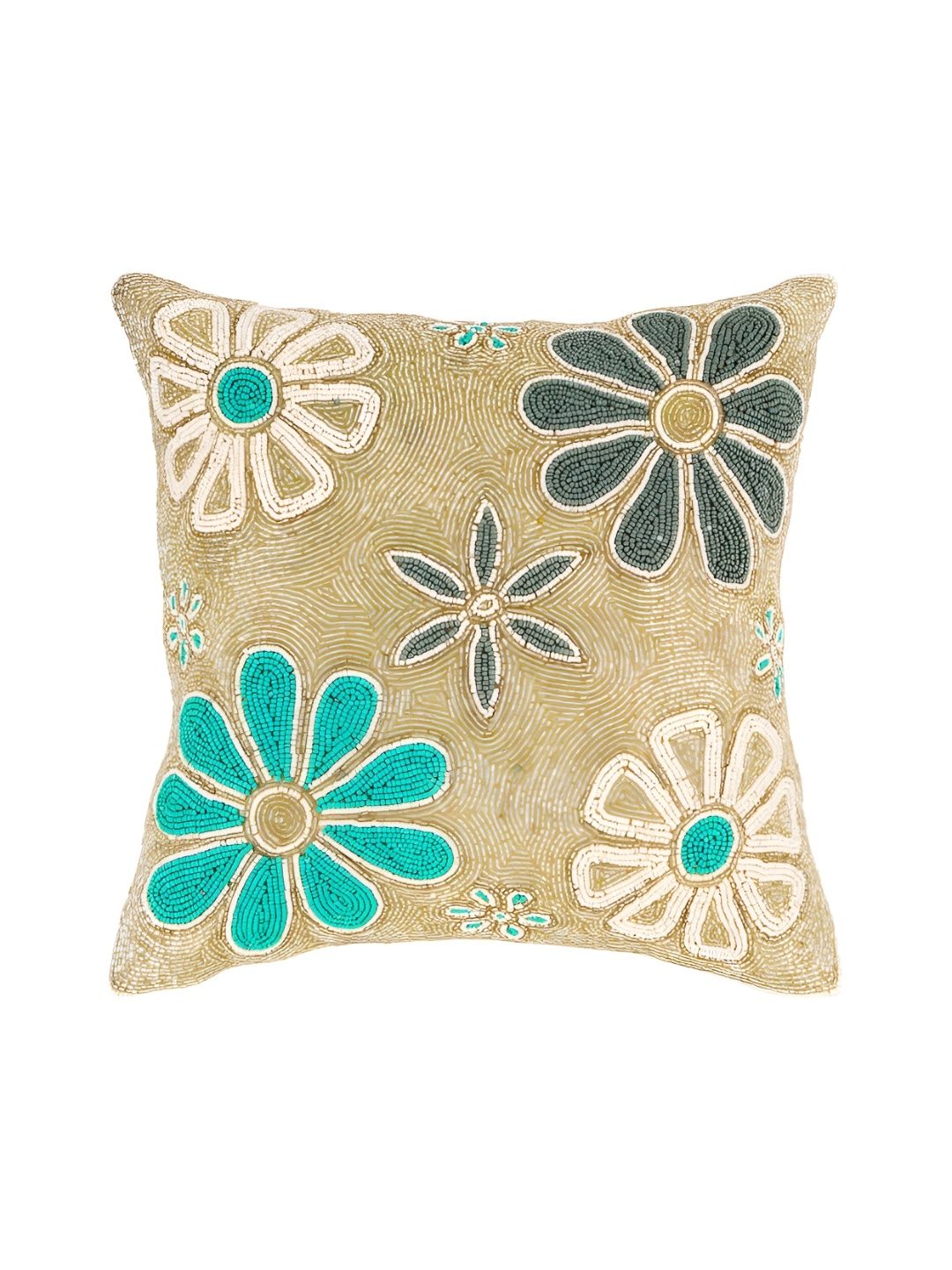 

Aditya Impex Beige & Green Embellished Embroidered Silk Square Cushion Cover