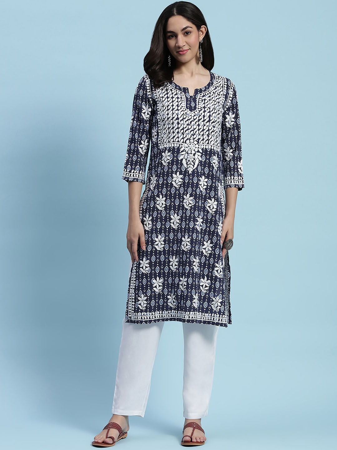 

House of Chikankari Chikankari Printed Kurta, Blue