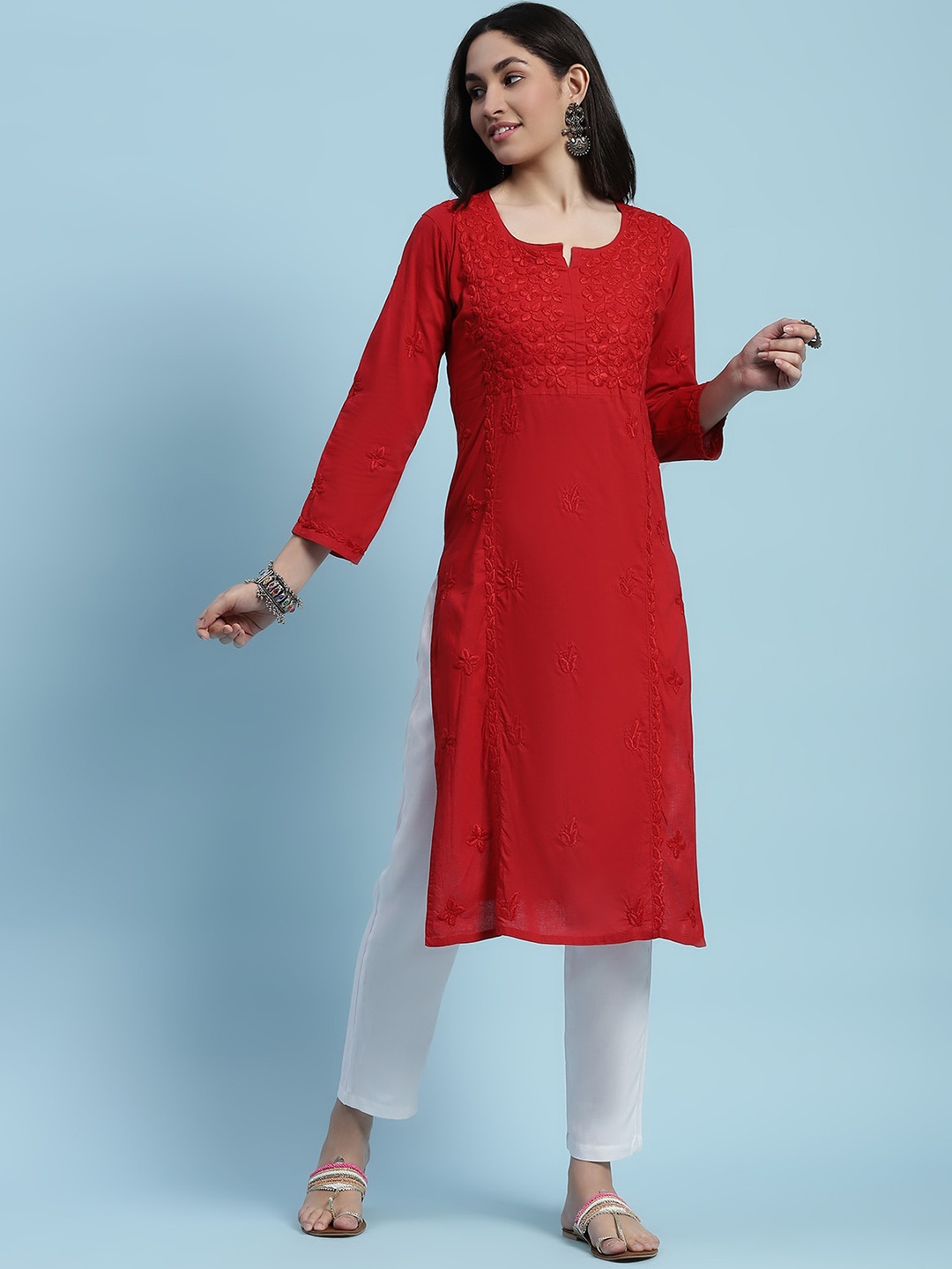 

House of Chikankari Round Neck Three-Quarter Sleeves Thread Work Kurta, Red