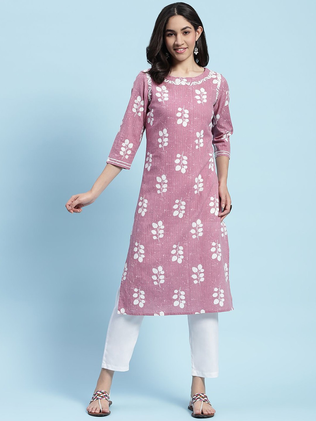 

House of Chikankari Ethnic Motifs Boat Neck Three-Quarter Sleeves Cotton Kurta, Pink