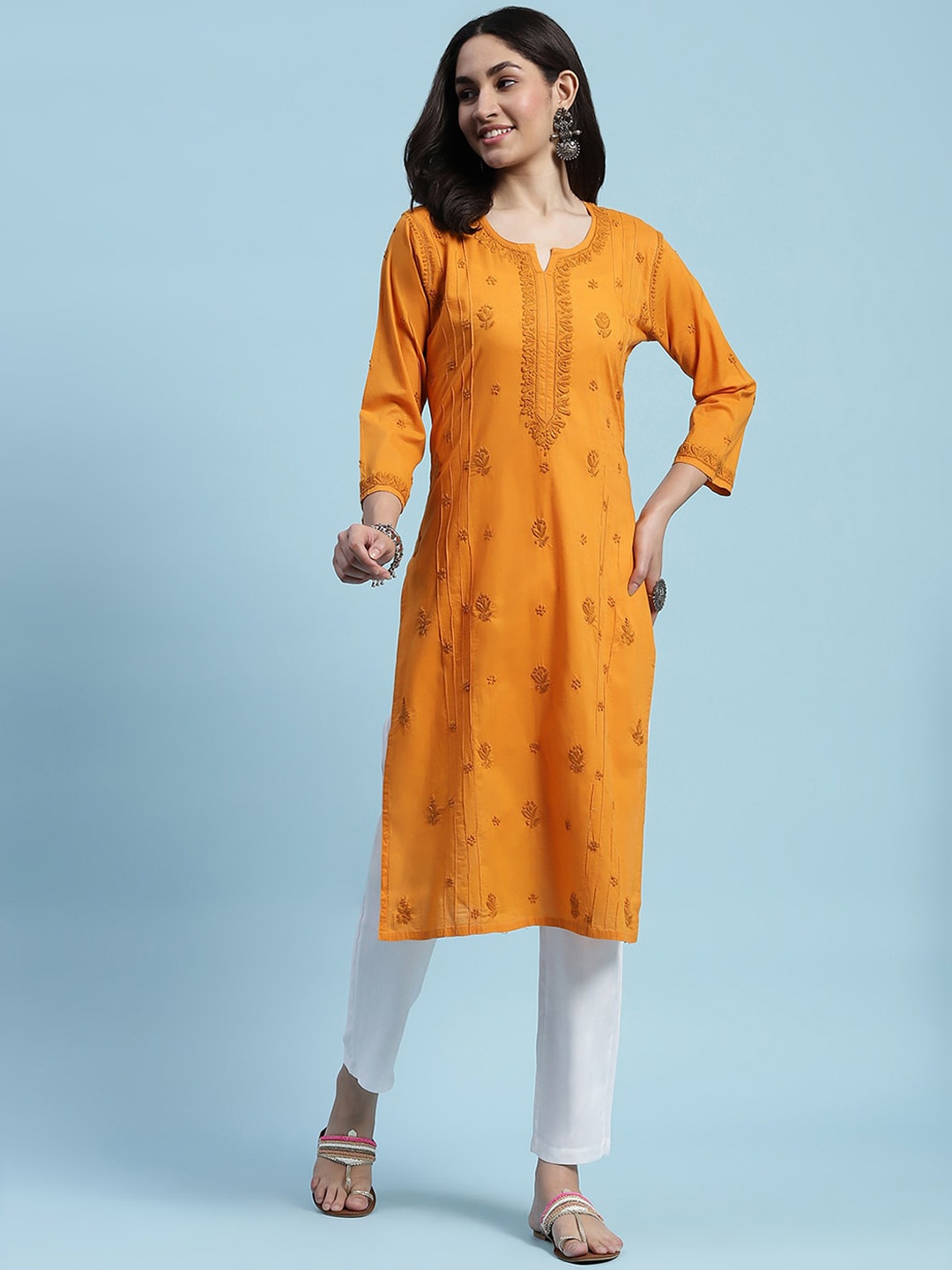 

House of Chikankari Chikankari Woven Kurta, Yellow