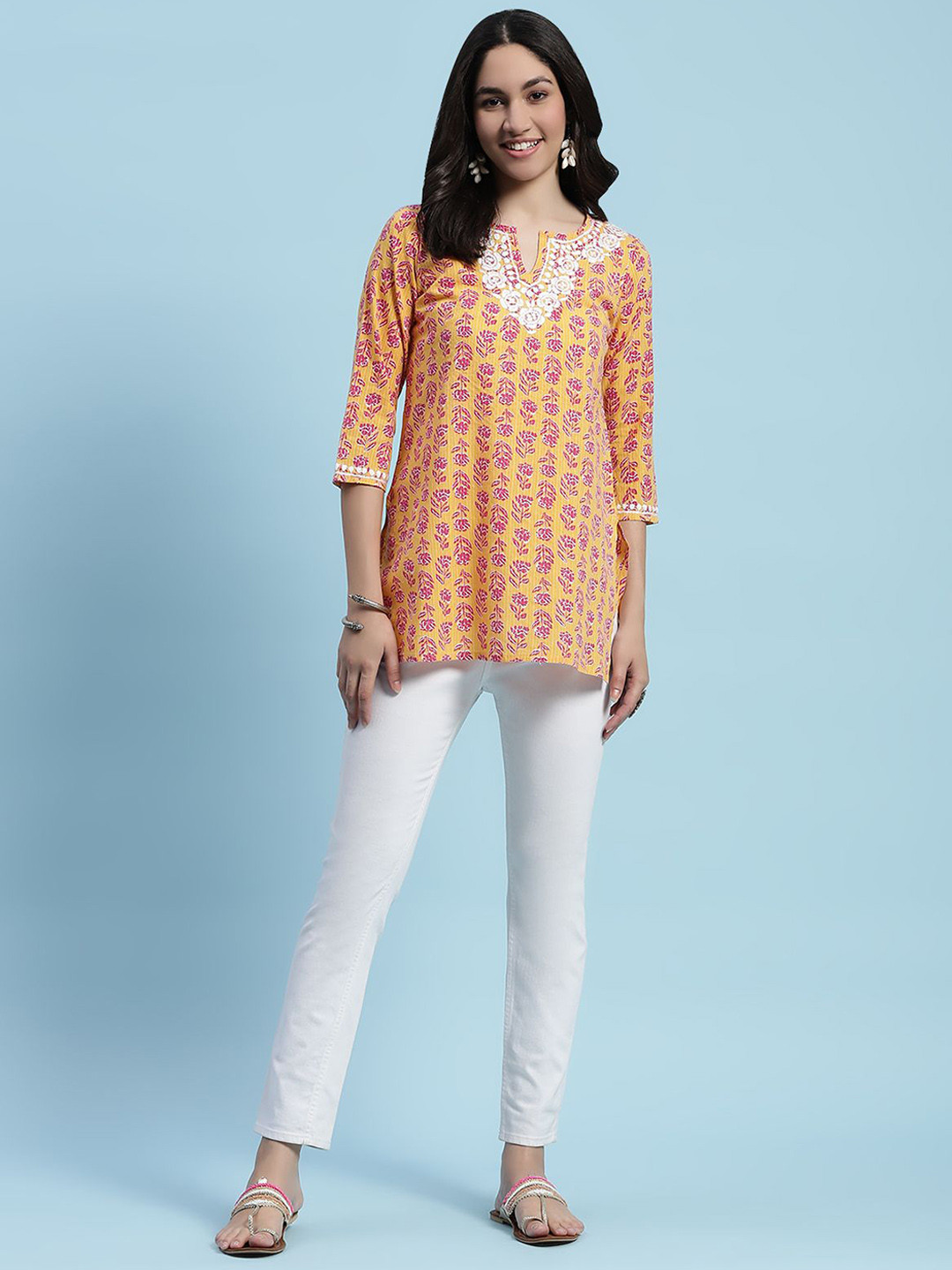 

House of Chikankari Women Quirky Embroidered Flared Sleeves Sequinned Kurta, Yellow