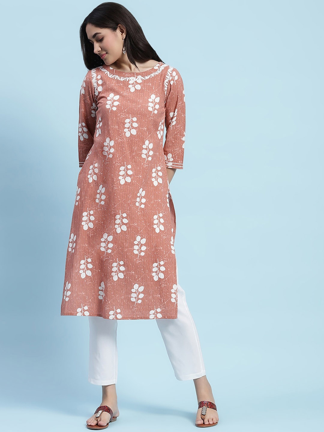 

House of Chikankari Chikankari Printed Kurta, Brown