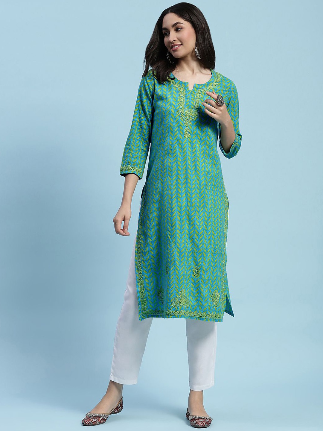 

House of Chikankari Striped Round Neck Three-Quarter Sleeves Cotton Kurta, Blue
