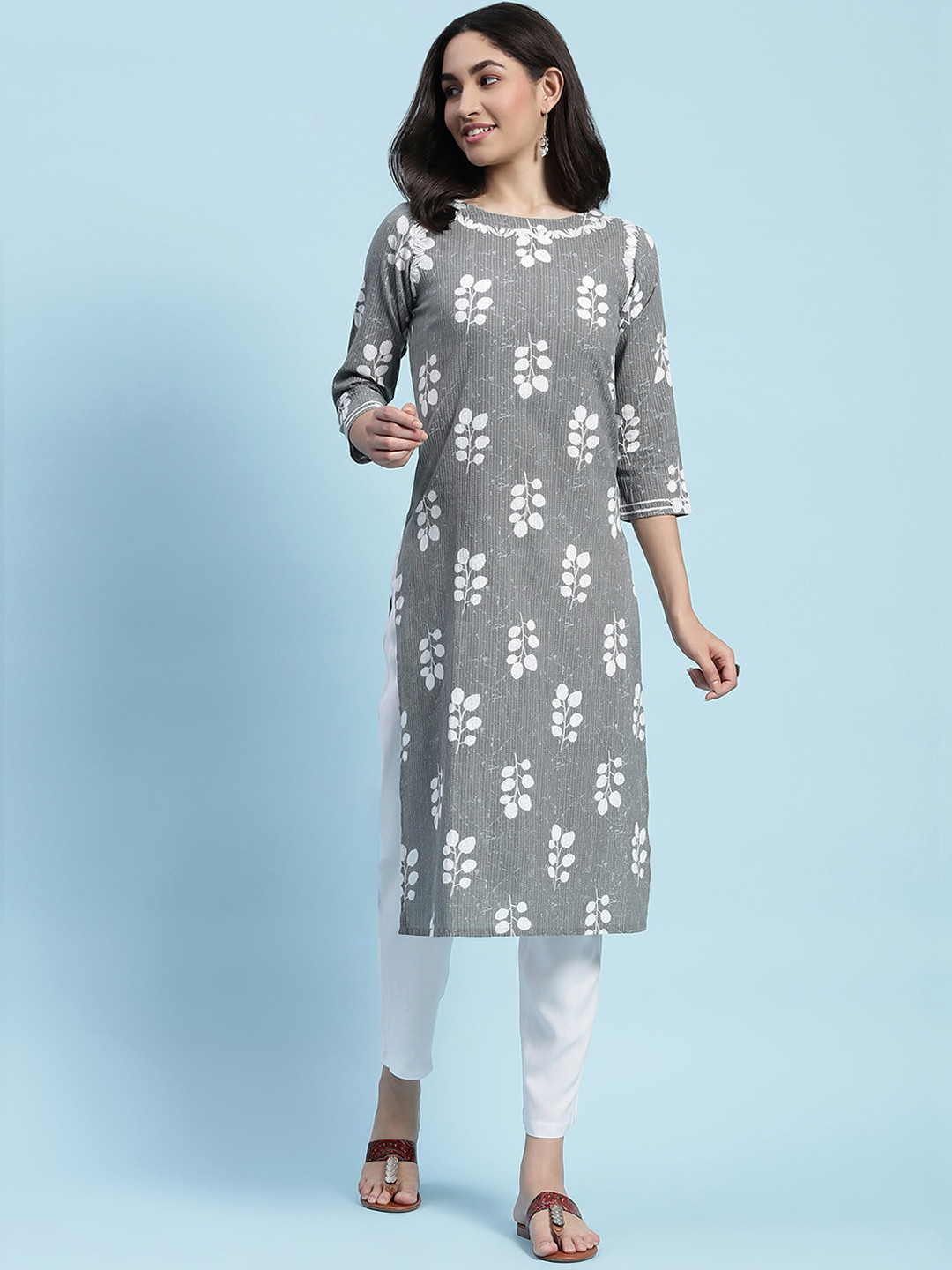 

House of Chikankari Chikankari Printed Kurta, Grey