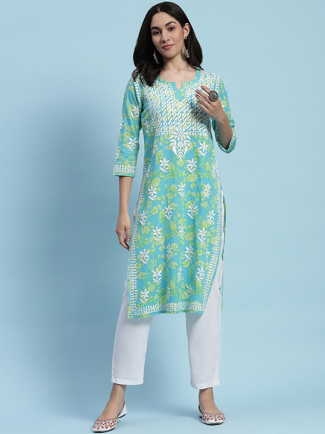 

House of Chikankari Floral Printed Notch Neck Chikankari Cotton Straight Kurta, Blue