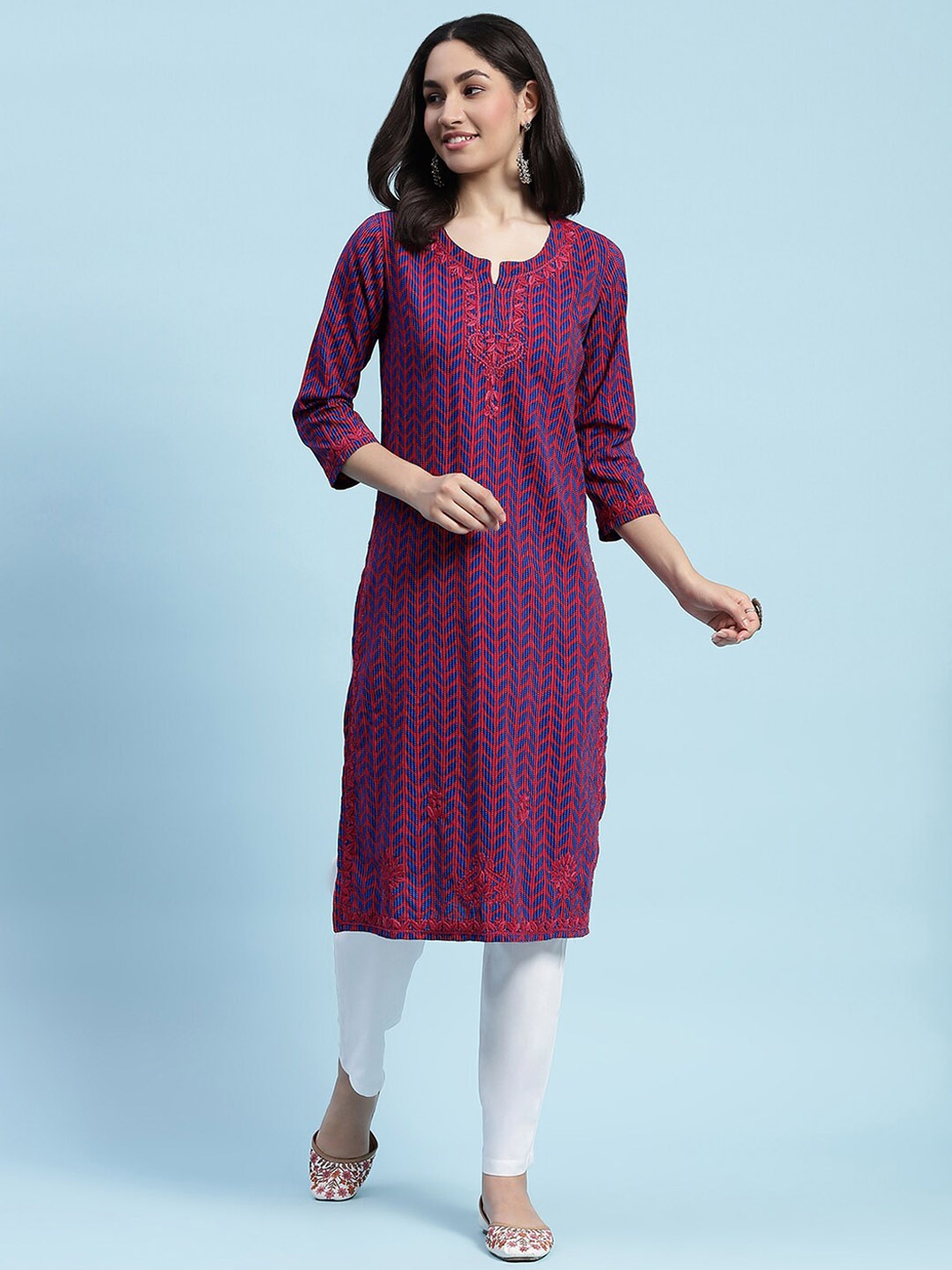 

House of Chikankari Striped Round Neck Three-Quarter Sleeves Cotton Kurta, Pink