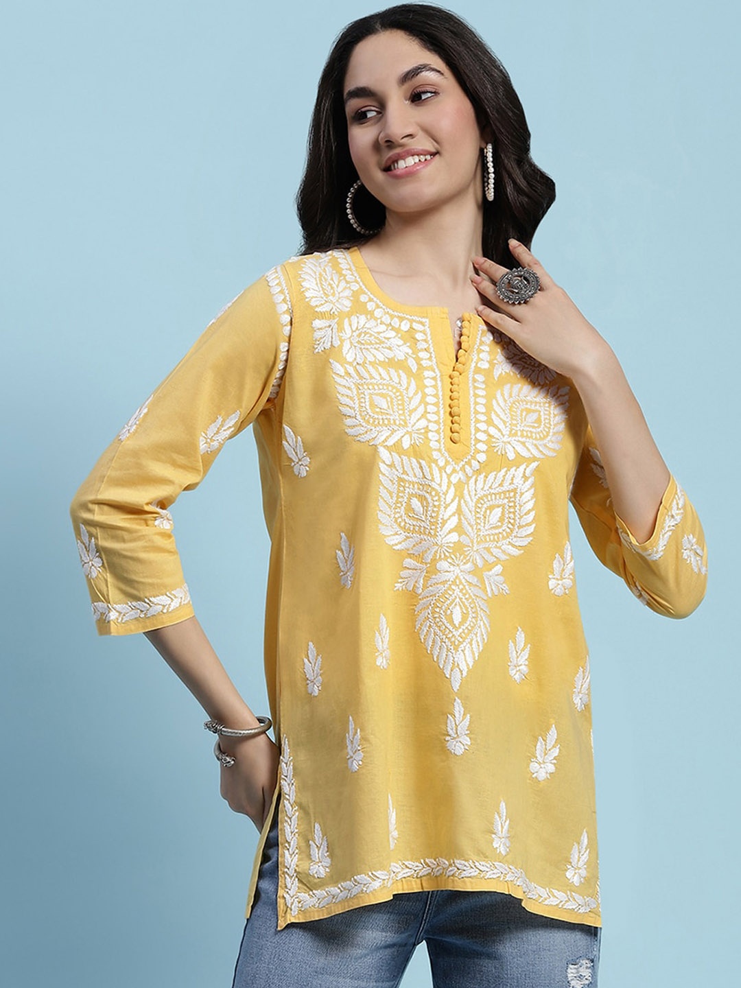 

House of Chikankari Chikankari Woven Short Kurta, Yellow