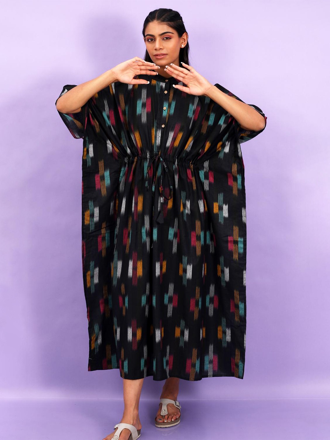 

Safeera Printed Pure Cotton Kimono Sleeve Kaftan Maxi Dress, Black