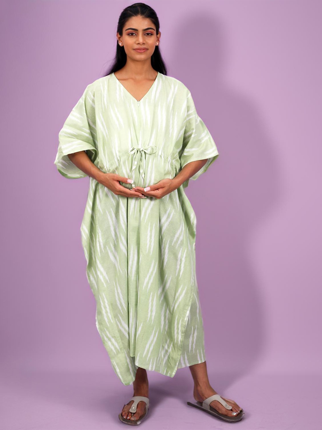 

Safeera V Neck Maternity Cotton Kaftan Midi Dress, Green