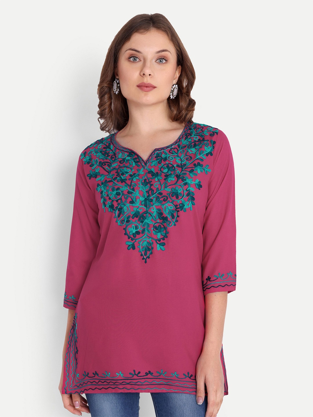 

FNOCKS Floral Embroidered Notched Neck Organic Cotton Top, Pink