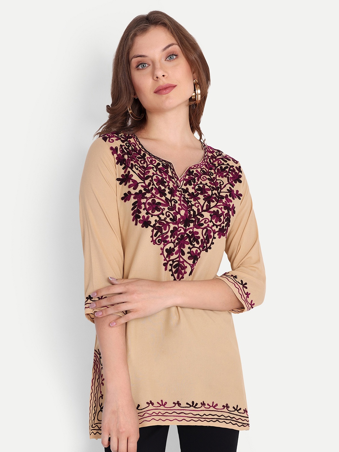 

FNOCKS Floral Printed Organic Cotton Straight Kurti, Beige