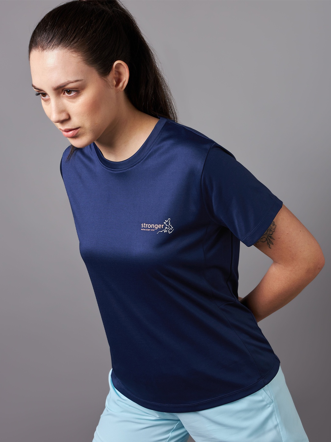 

CULT Stronger With Every Step Round Neck Running Moisture Wicking Sports T-Shirt, Navy blue