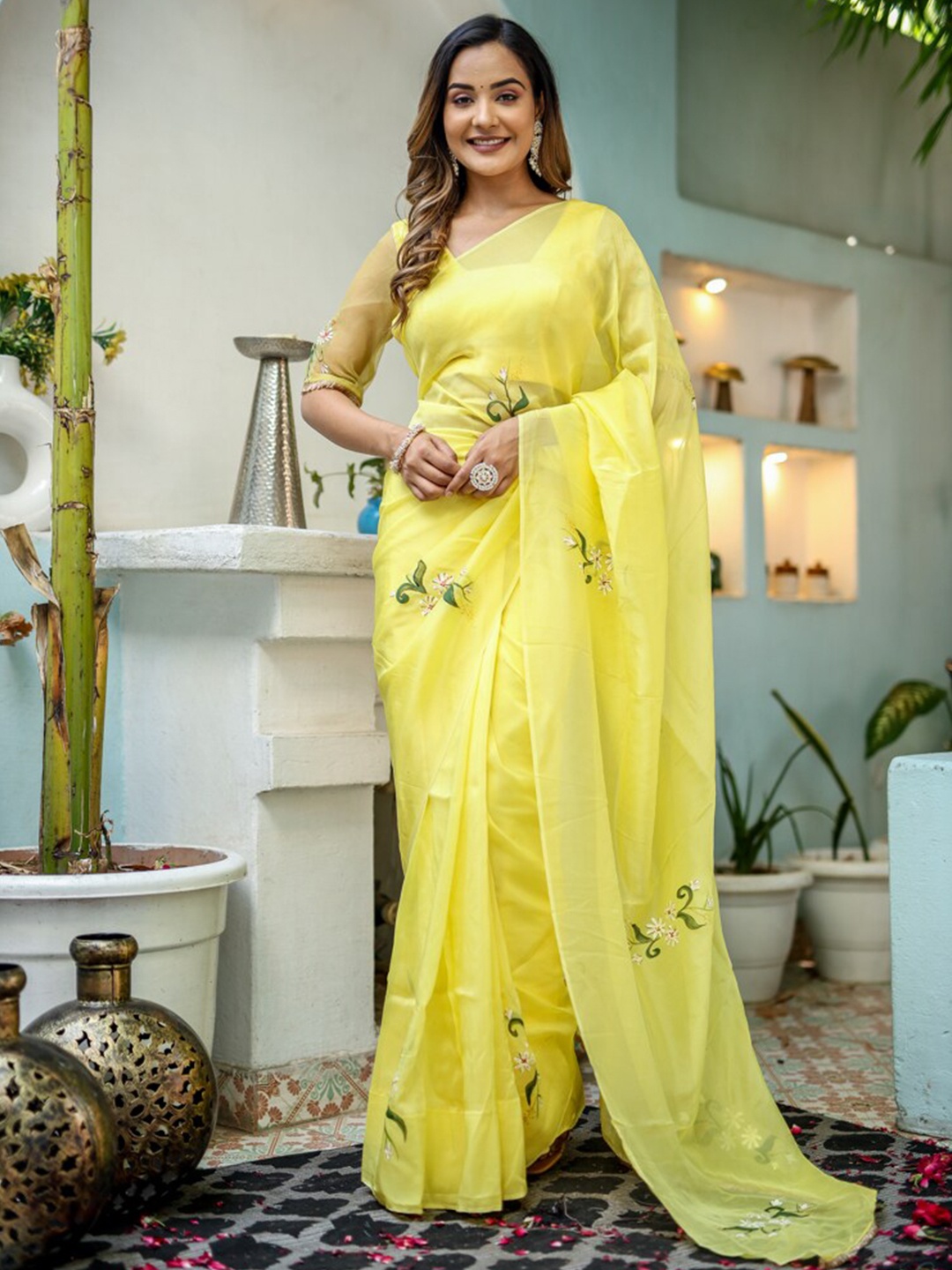 

DiraByDimple Floral Organza Saree, Yellow