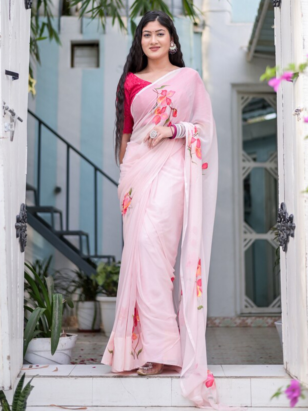 

DiraByDimple Floral Pure Chiffon Saree, Pink