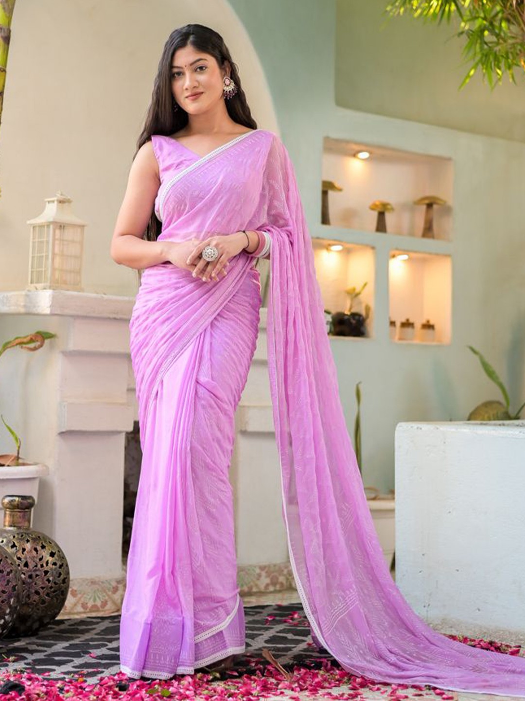 

DiraByDimple Floral Pure Chiffon Saree, Purple