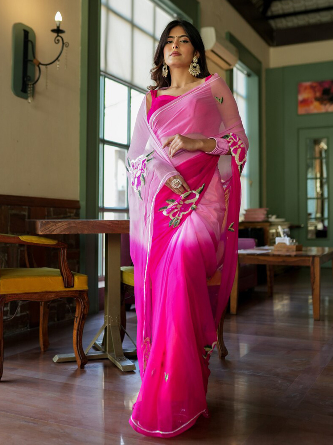 

DiraByDimple Floral Beads and Stones Pure Georgette Saree, Pink