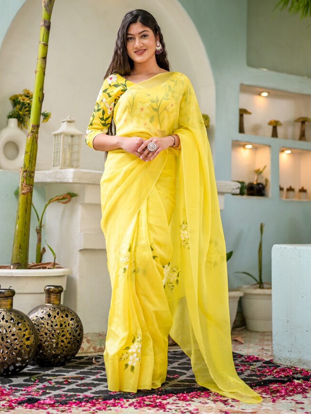 

DiraByDimple Handpainted Floral Organza Saree, Yellow