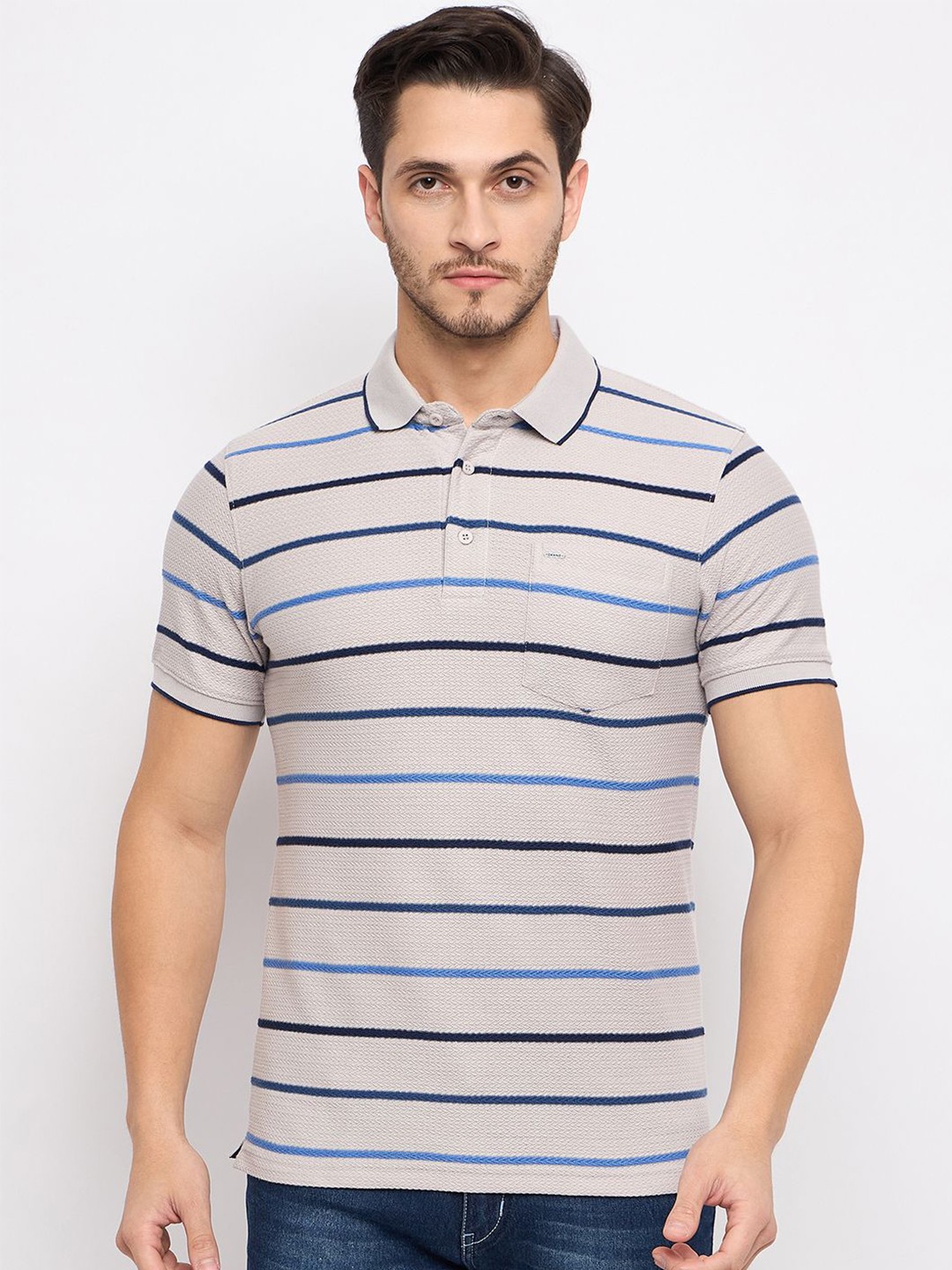 

Okane Striped Polo Collar Short Sleeves Pockets Regular Fit Cotton T-shirt, Grey