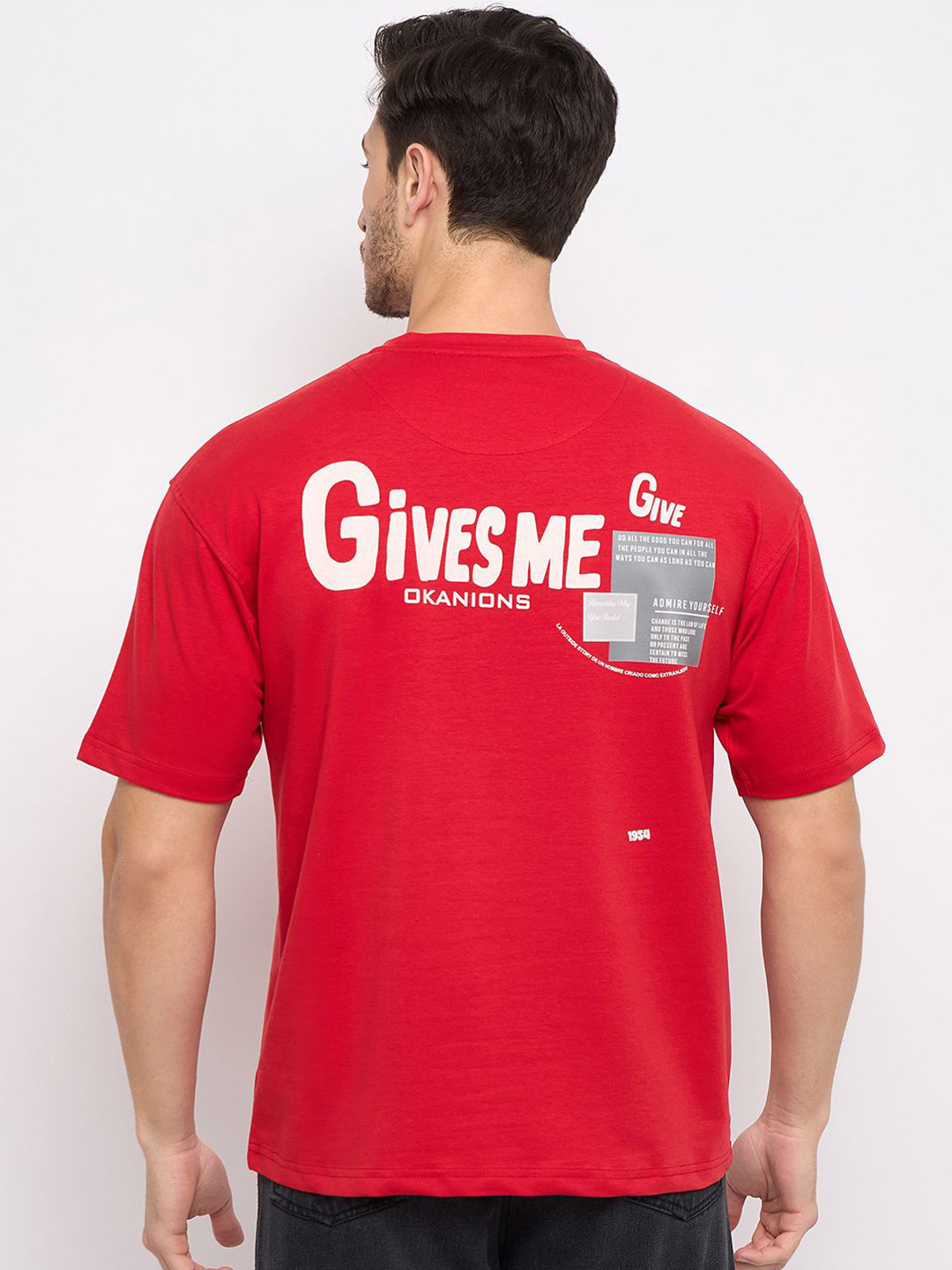 

Okane Round Neck Short Sleeves Typography Printed Cotton T-shirt, Red