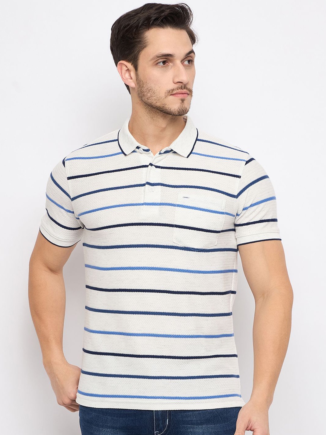 

Okane Striped Polo Collar Short Sleeves Pockets Regular Fit Cotton T-shirt, White