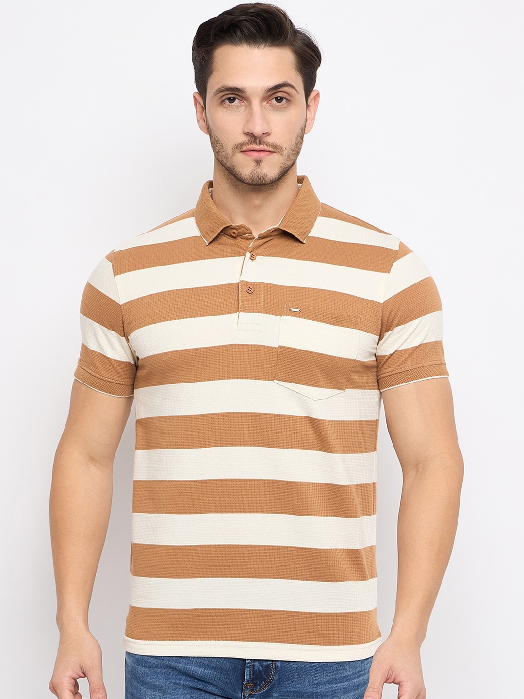 

Okane Striped Polo Collar Short Sleeves Pockets Cotton T-shirt, Tan