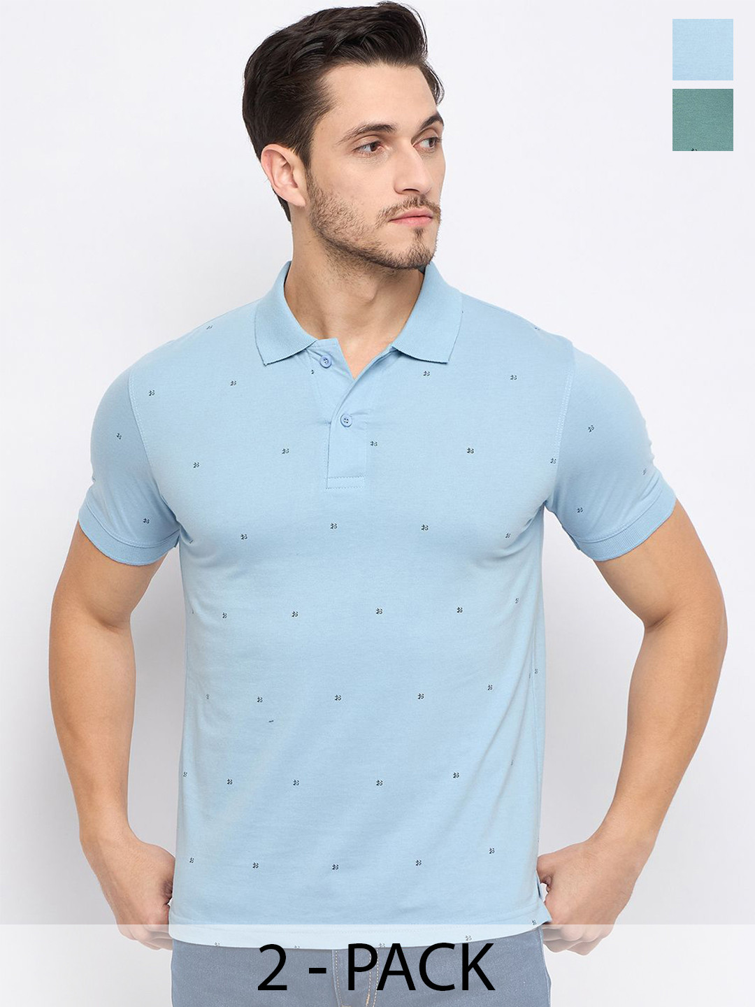 

Okane Pack Of 2 Printed Polo Collar Short Sleeves Cotton T-shirt, Green