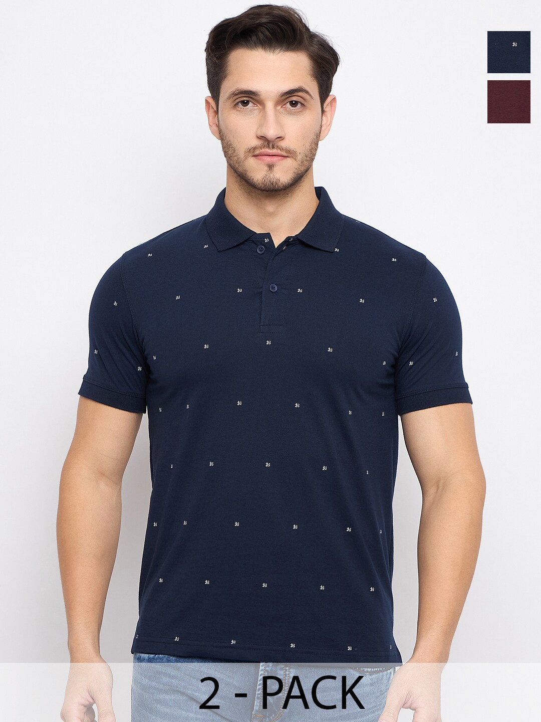 

Okane Pack Of 2 Printed Polo Collar Short Sleeves Regular Fit Cotton T-shirt, Blue
