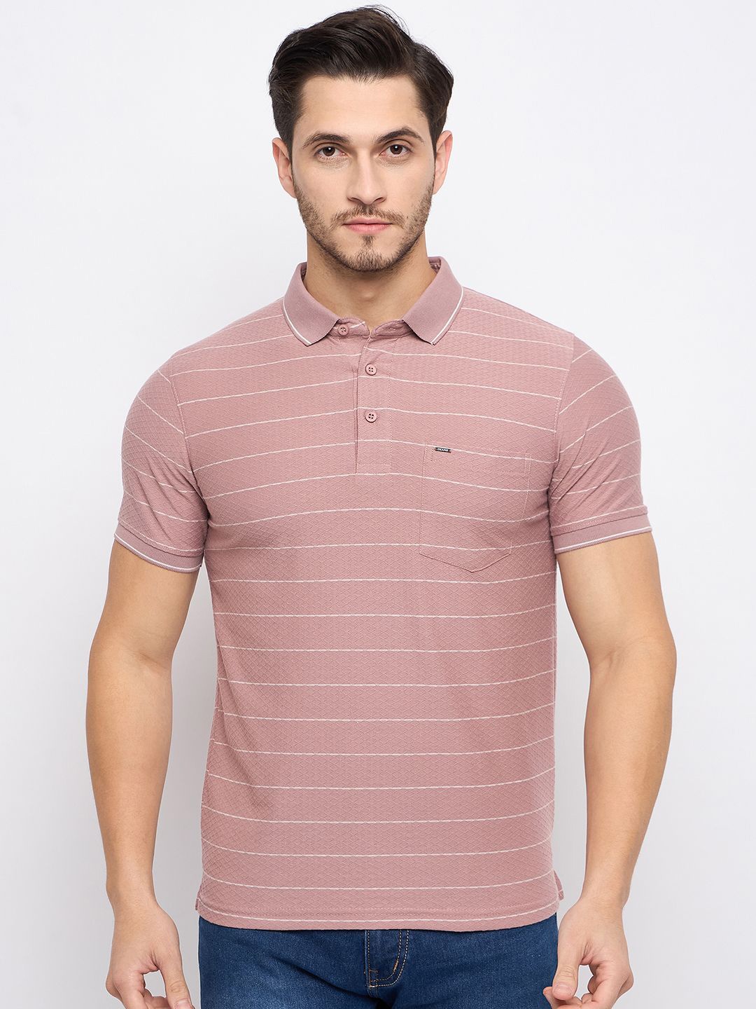 

Okane Striped Polo Collar Short Sleeves Pockets Regular Fit Cotton T-shirt, Pink