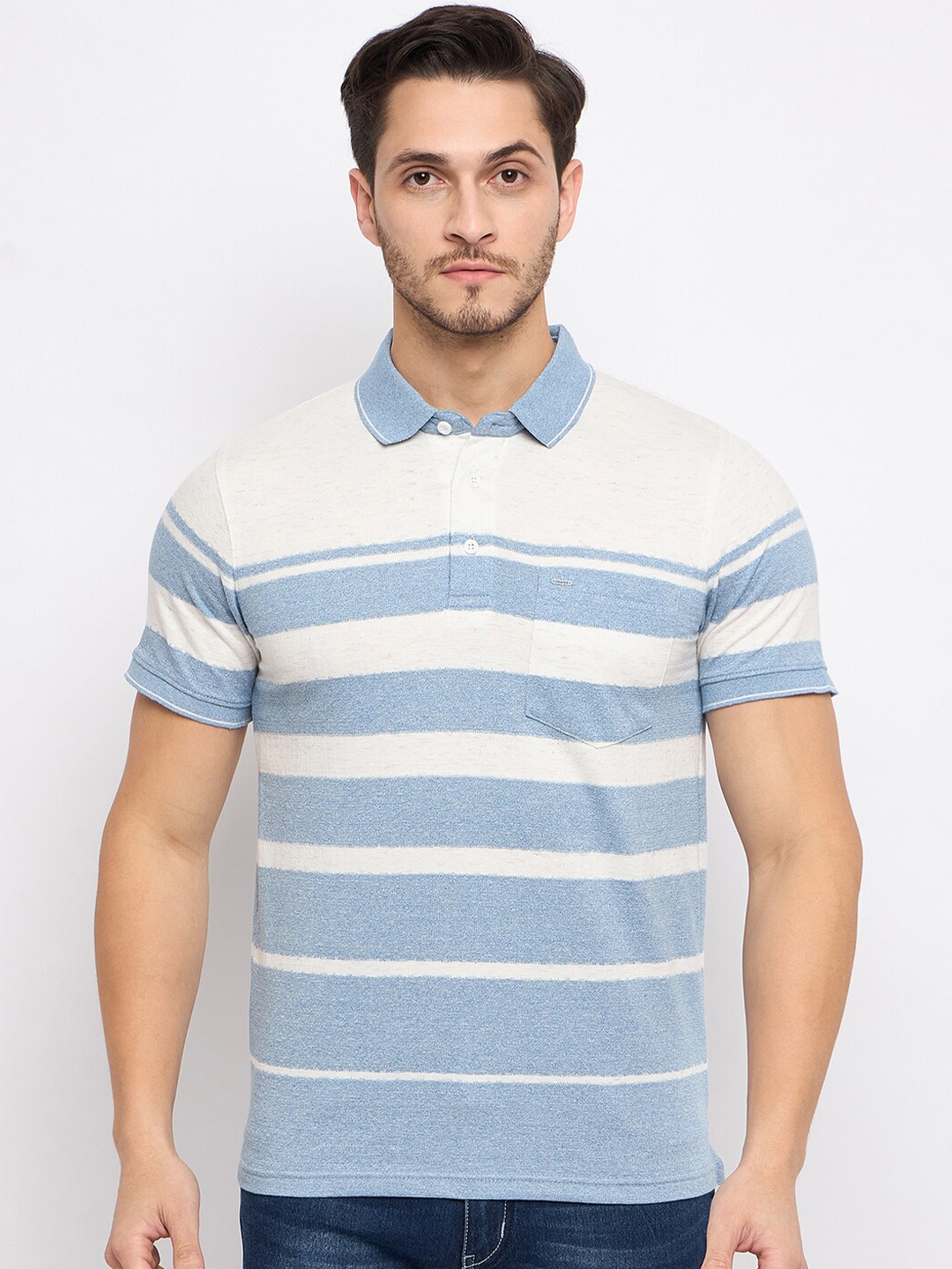 

Okane Striped Polo Collar Short Sleeves Pockets Cotton T-shirt, Blue