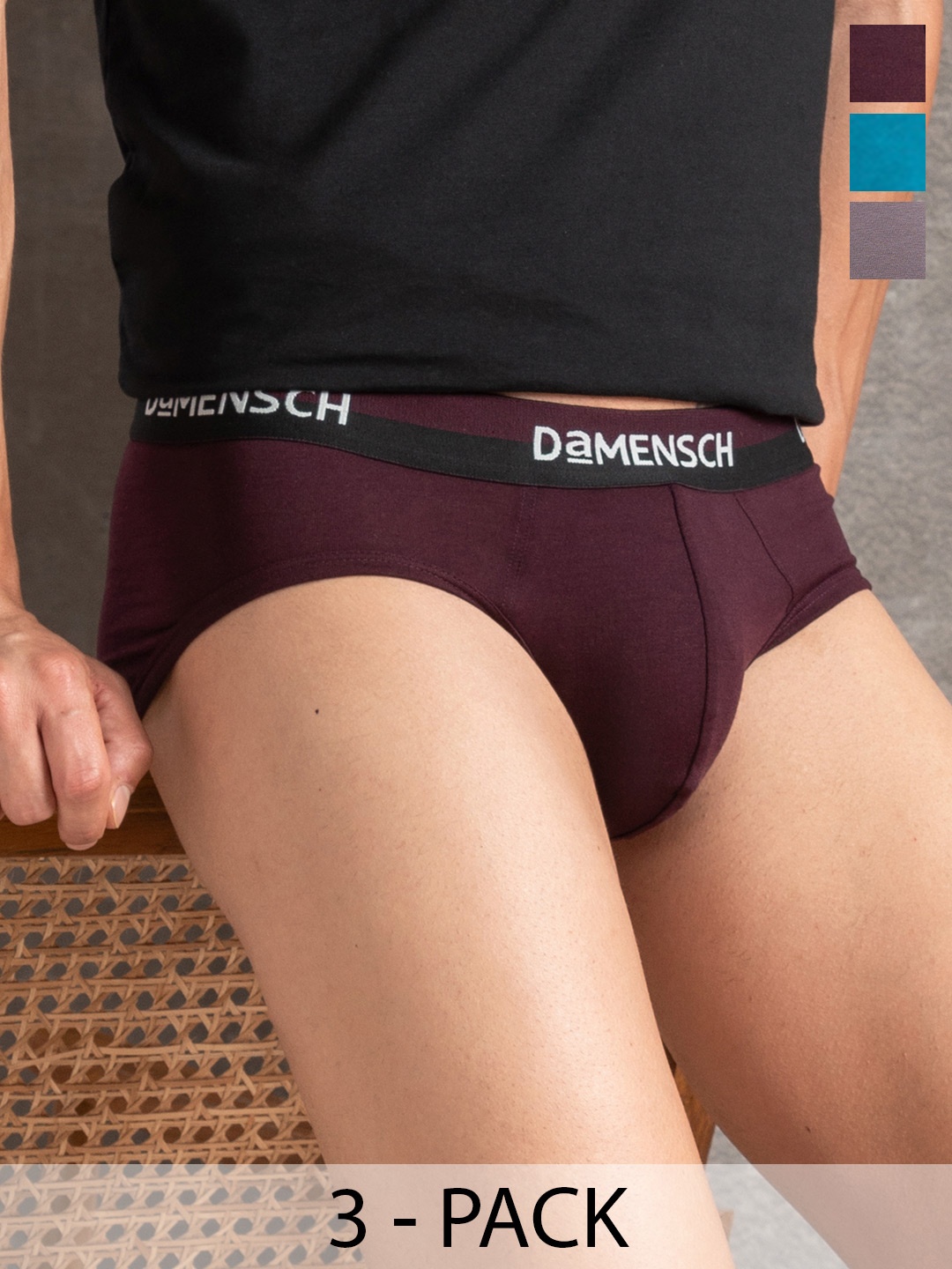 

DAMENSCH Pack of 3 Outer-Elastic Briefs BR1048-MX1996, Maroon