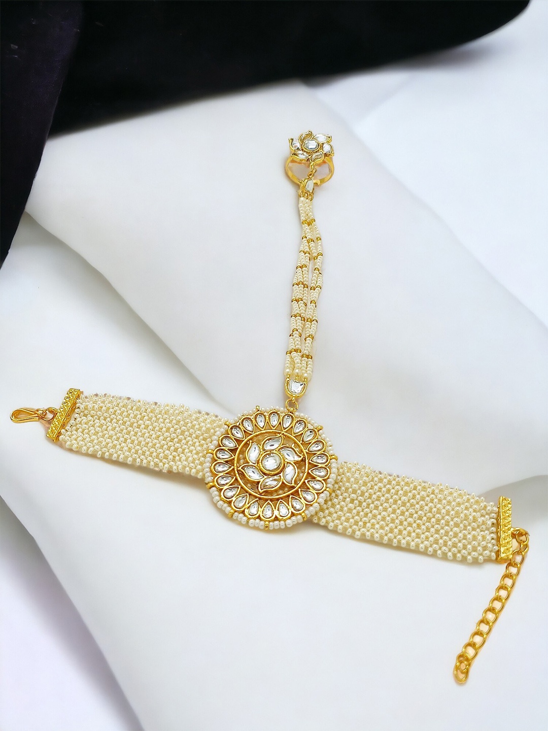 

FEMMIBELLA Gold-Plated Artificial Stones Studded & Beaded Charm Ring Bracelet