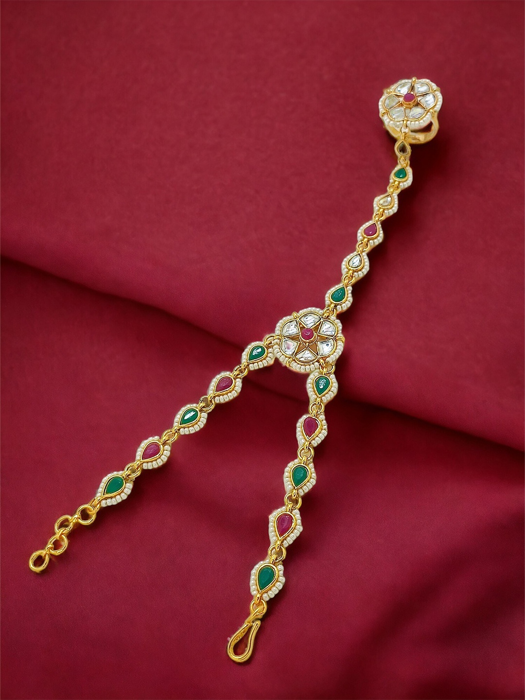 

FEMMIBELLA Gold-Plated Artificial Stones Studded & Beaded Charm Ring Bracelet