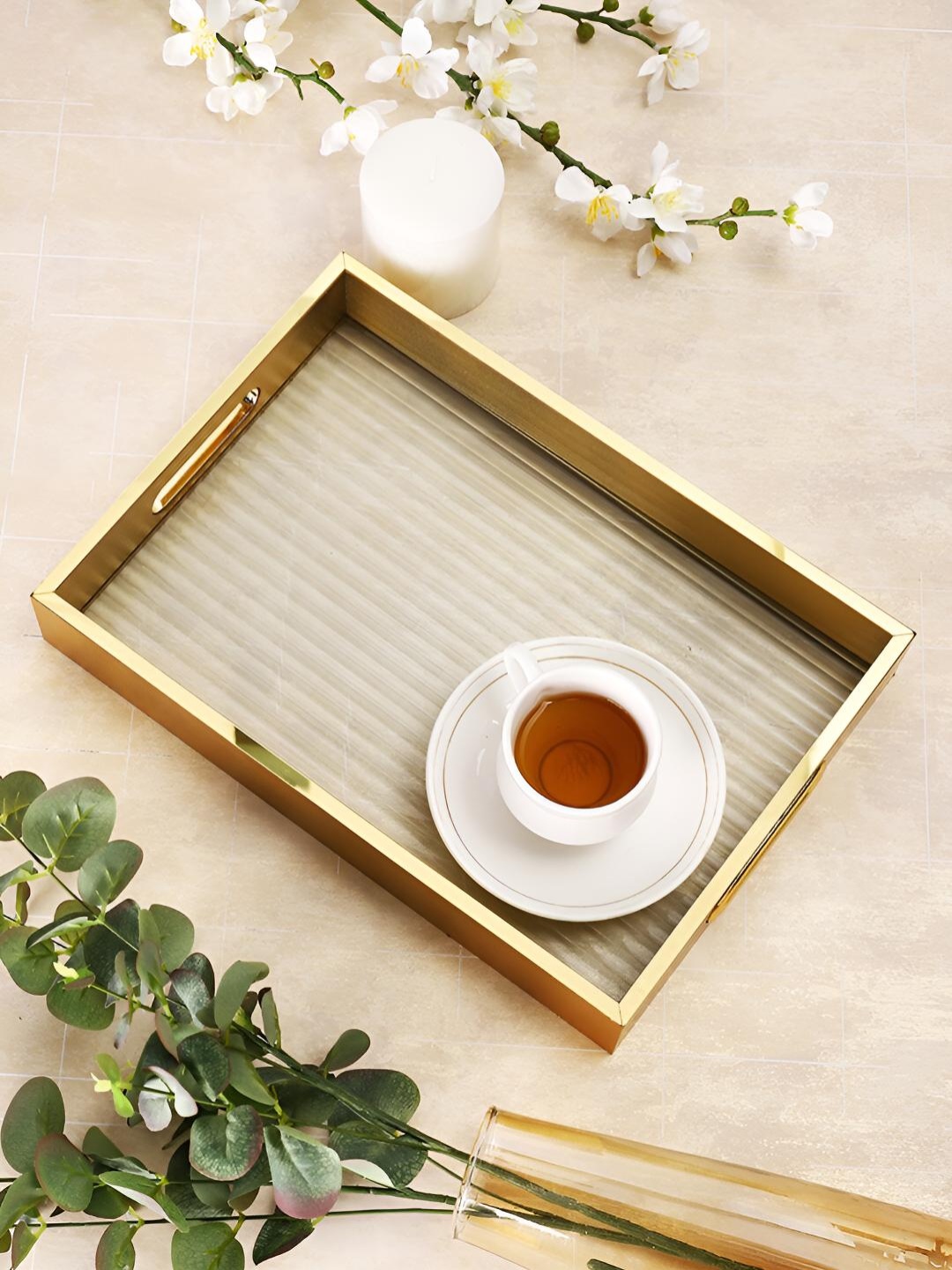 

TAYHAA Transparent Striped Rectangular Serving Tray