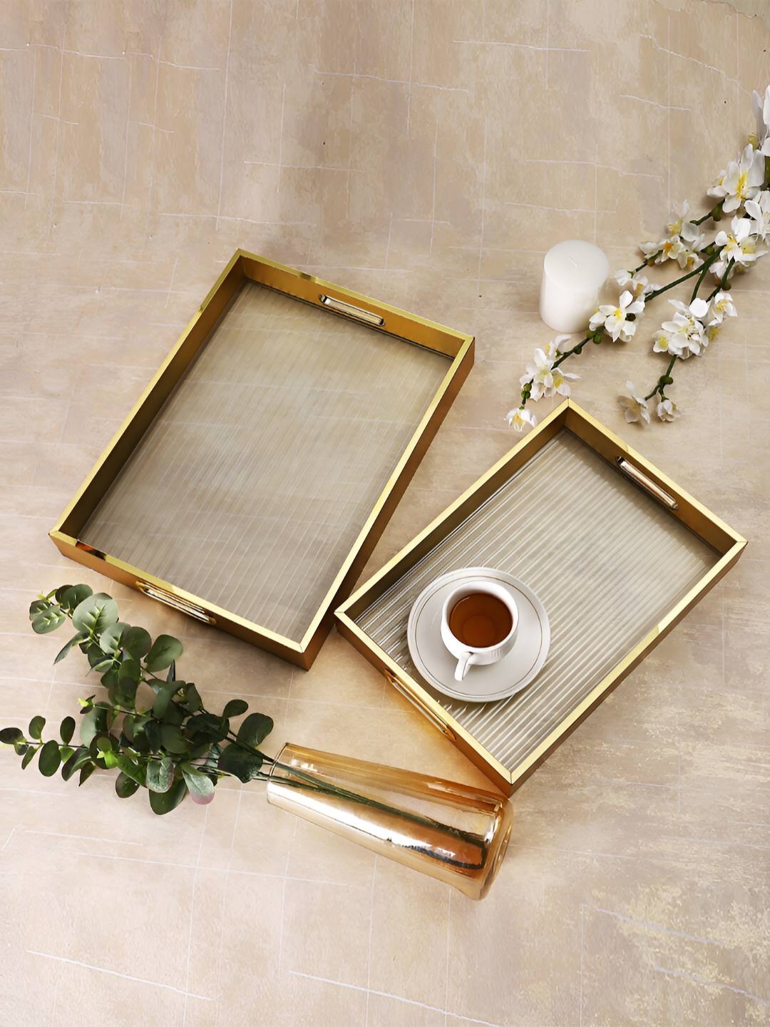 

TAYHAA Set Of 2 Transparent Wooden Glass Serving Tray