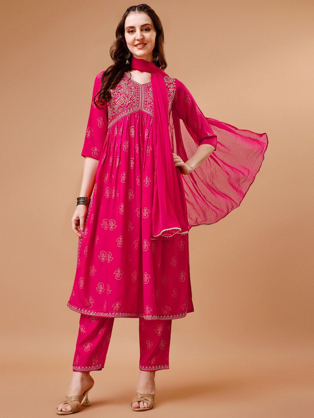 

KALINI Ethnic Motifs Embroidered Regular Thread Work Kurta With Trouser & Dupatta, Pink