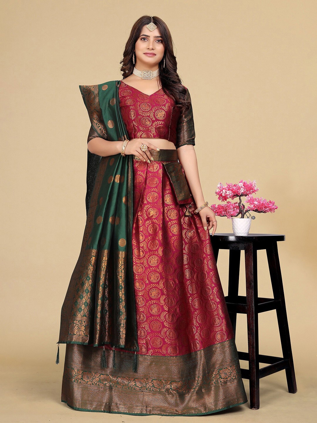 

MAHALASA Woven Design Semi-Stitched Lehenga & Blouse With Dupatta, Pink