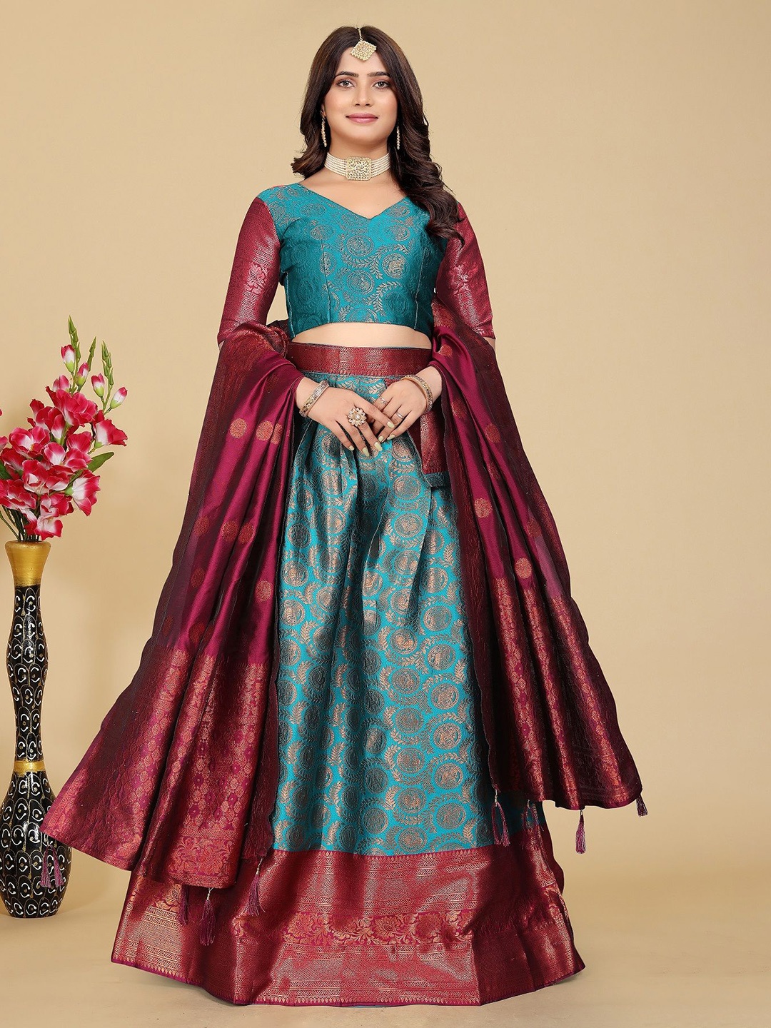 

MAHALASA Woven Design Semi-Stitched Lehenga & Blouse With Dupatta, Turquoise blue