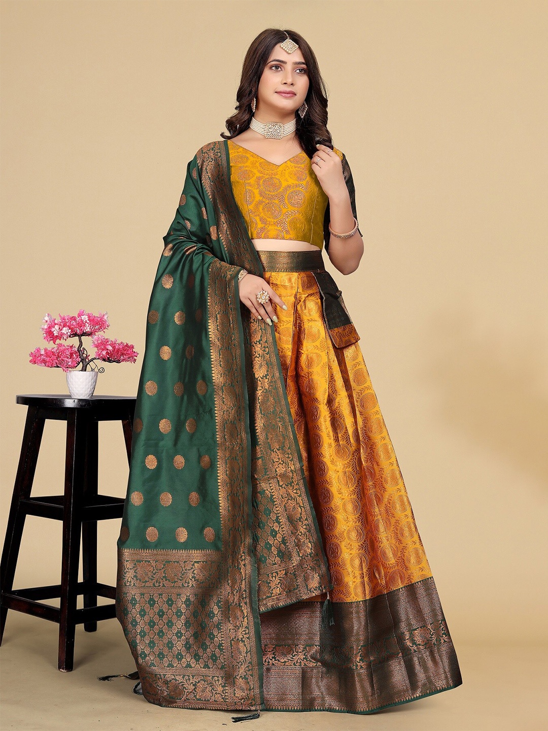 

MAHALASA Woven Design Semi-Stitched Lehenga & Blouse With Dupatta, Mustard