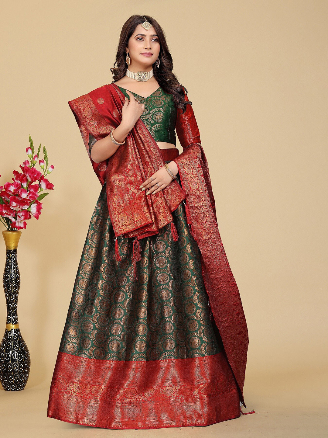 

MAHALASA Woven Design Semi-Stitched Lehenga & Blouse With Dupatta, Green