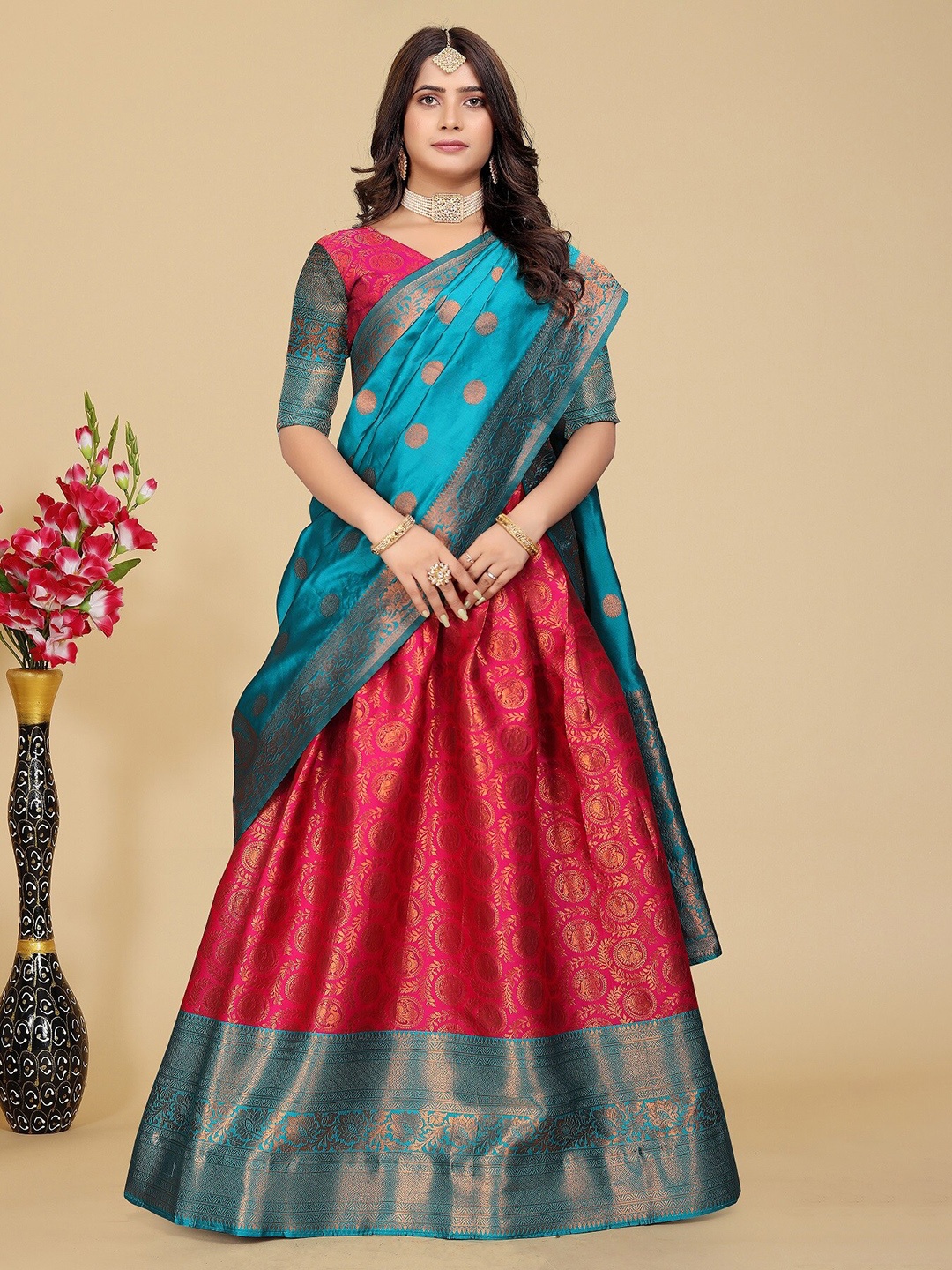 

MAHALASA Woven Design Semi-Stitched Lehenga & Blouse With Dupatta, Pink