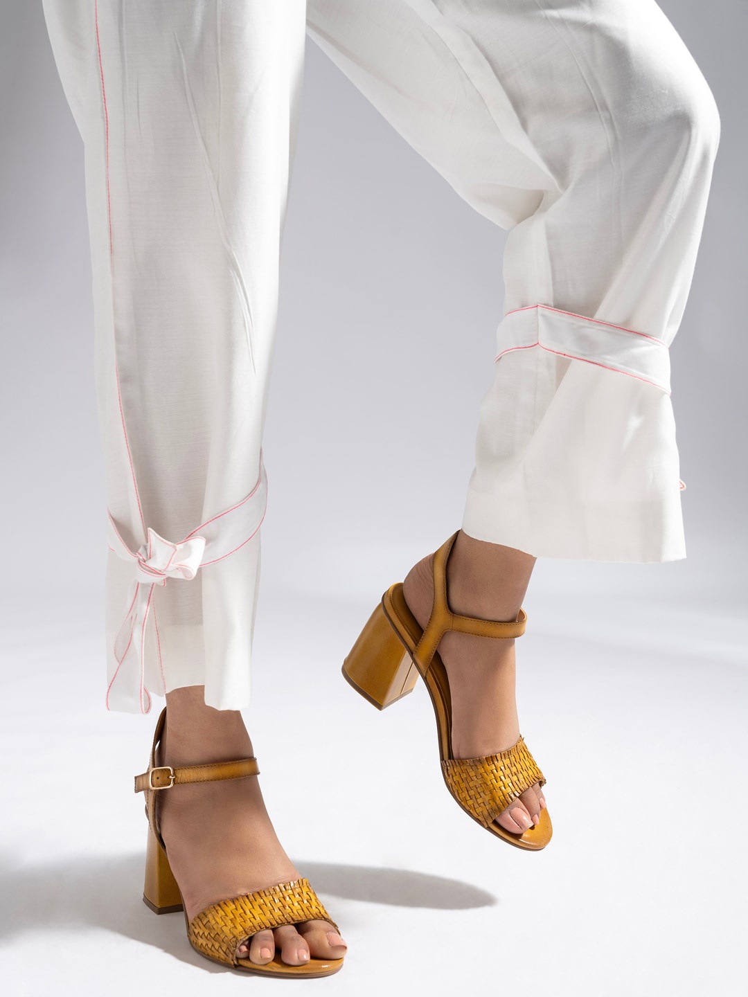 

MIORAH Leather Block Heel Sandals with Buckles, Yellow