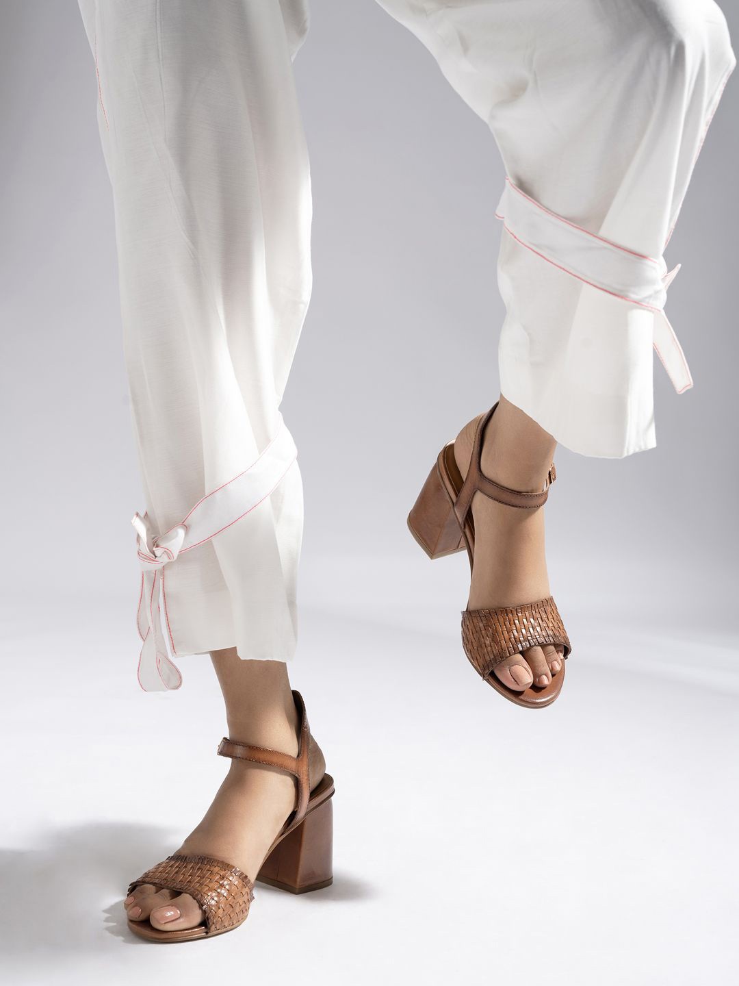 

MIORAH Leather Block Heel Sandals with Buckles, Tan