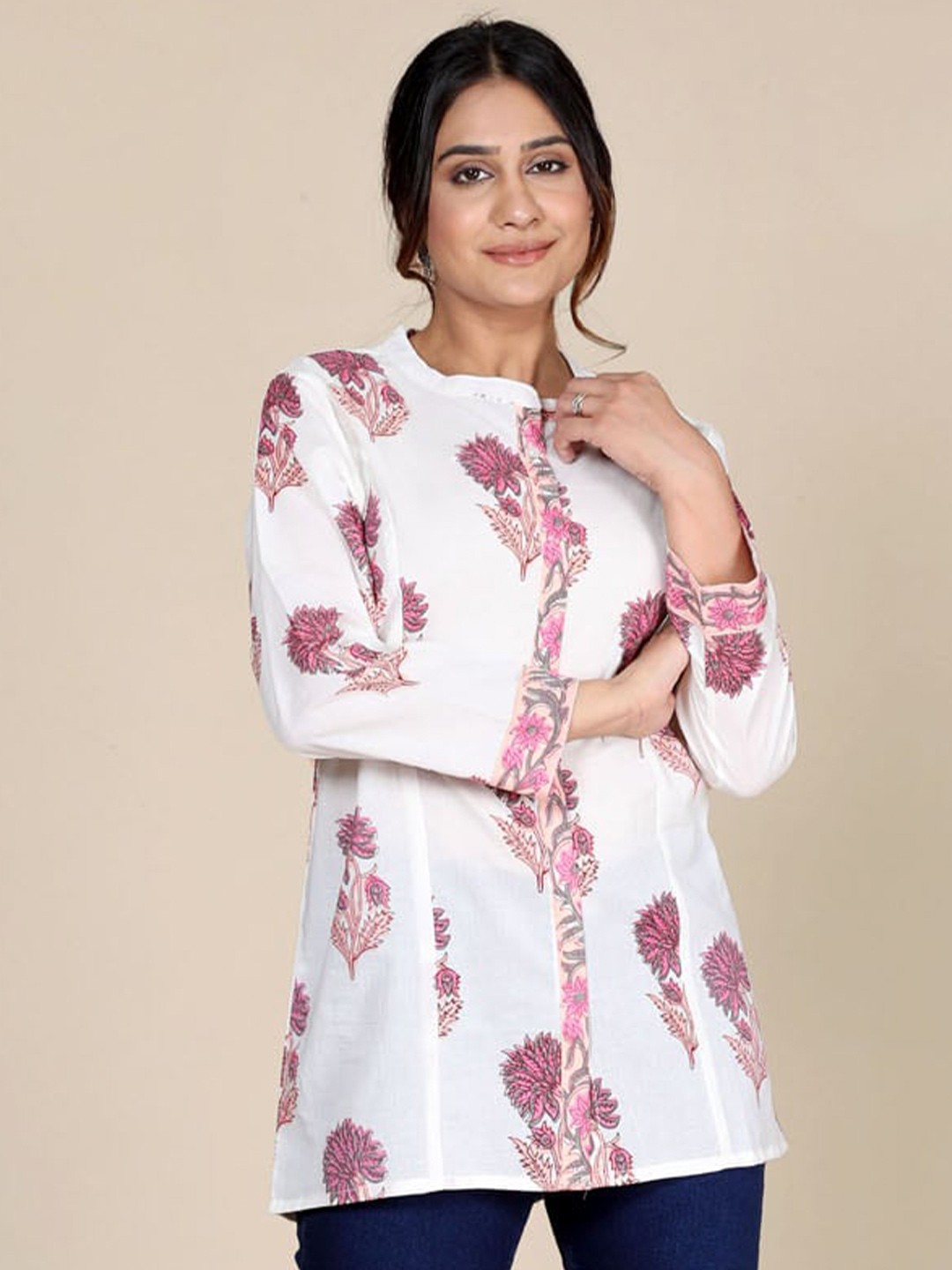 

HERE&NOW Classic Semi Sheer Floral Printed Mandarin Collar Casual Shirt, Pink